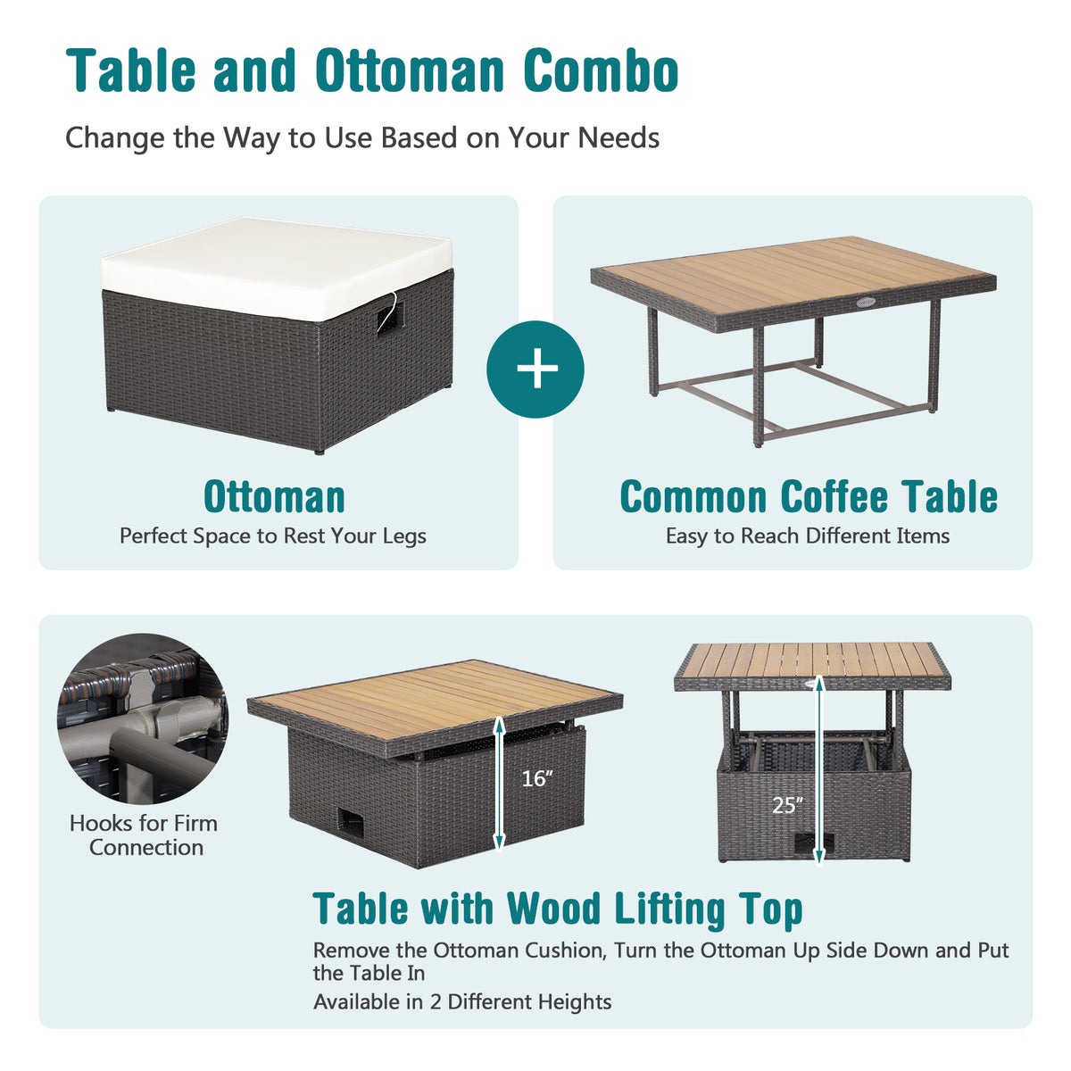 7-Piece Wicker Outdoor Furniture Set with Coffee Table & Ottoman - White