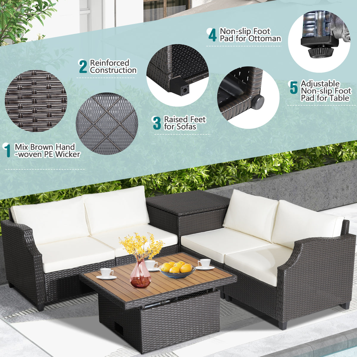 7-Piece Wicker Outdoor Furniture Set with Coffee Table & Ottoman - White