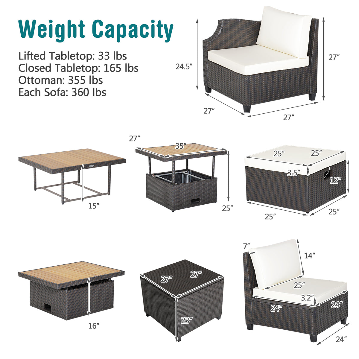 7-Piece Wicker Outdoor Furniture Set with Coffee Table & Ottoman - White