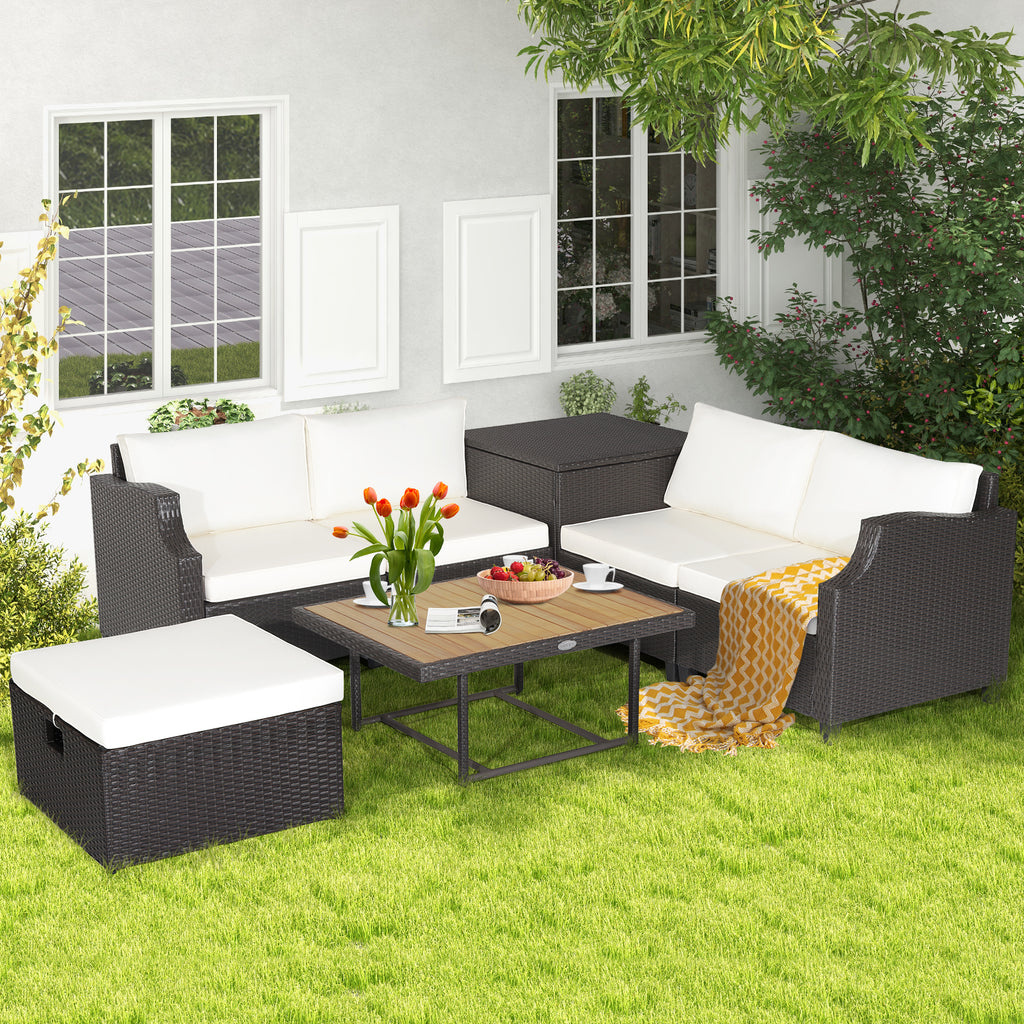 7-Piece Wicker Outdoor Furniture Set with Coffee Table & Ottoman - White