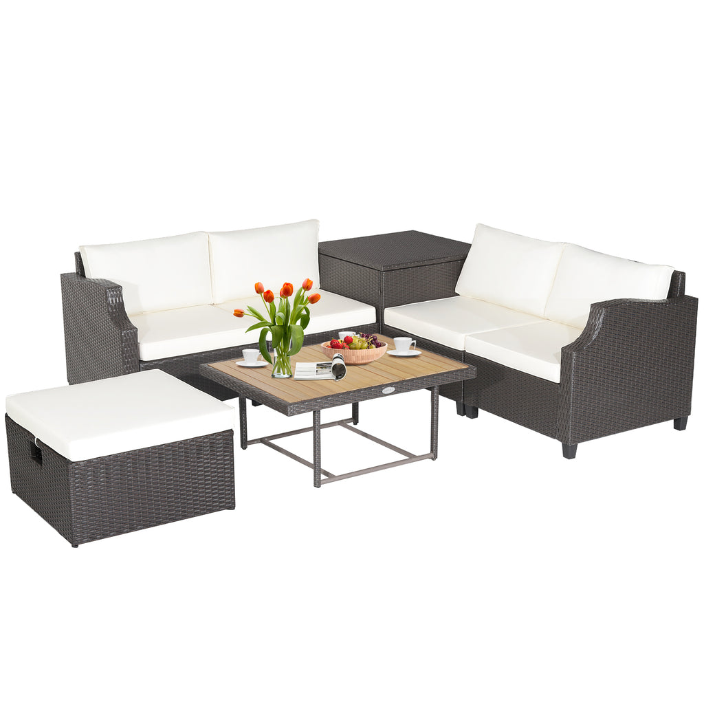 7-Piece Wicker Outdoor Furniture Set with Coffee Table & Ottoman - White