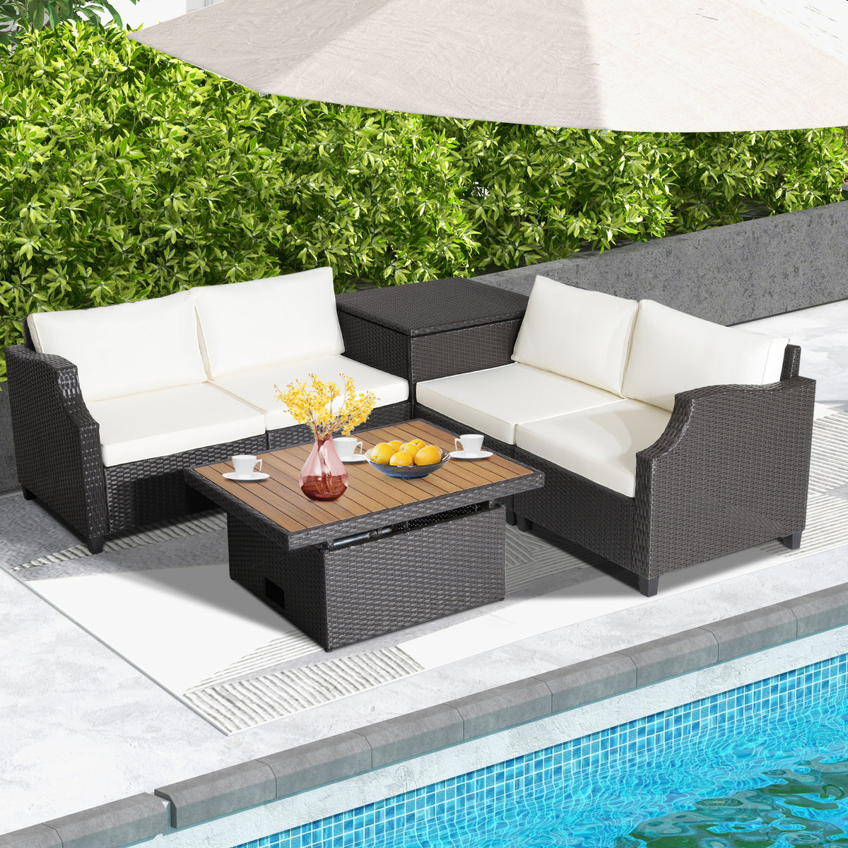 7-Piece Wicker Outdoor Furniture Set with Coffee Table & Ottoman - White
