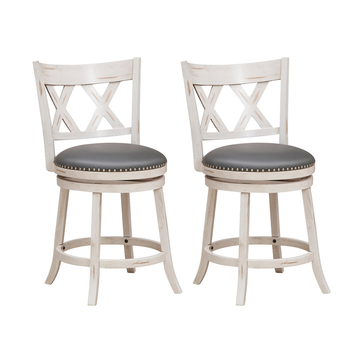 Hand-Antiqued Bar Stools Set of 2 with Padded Seat – White