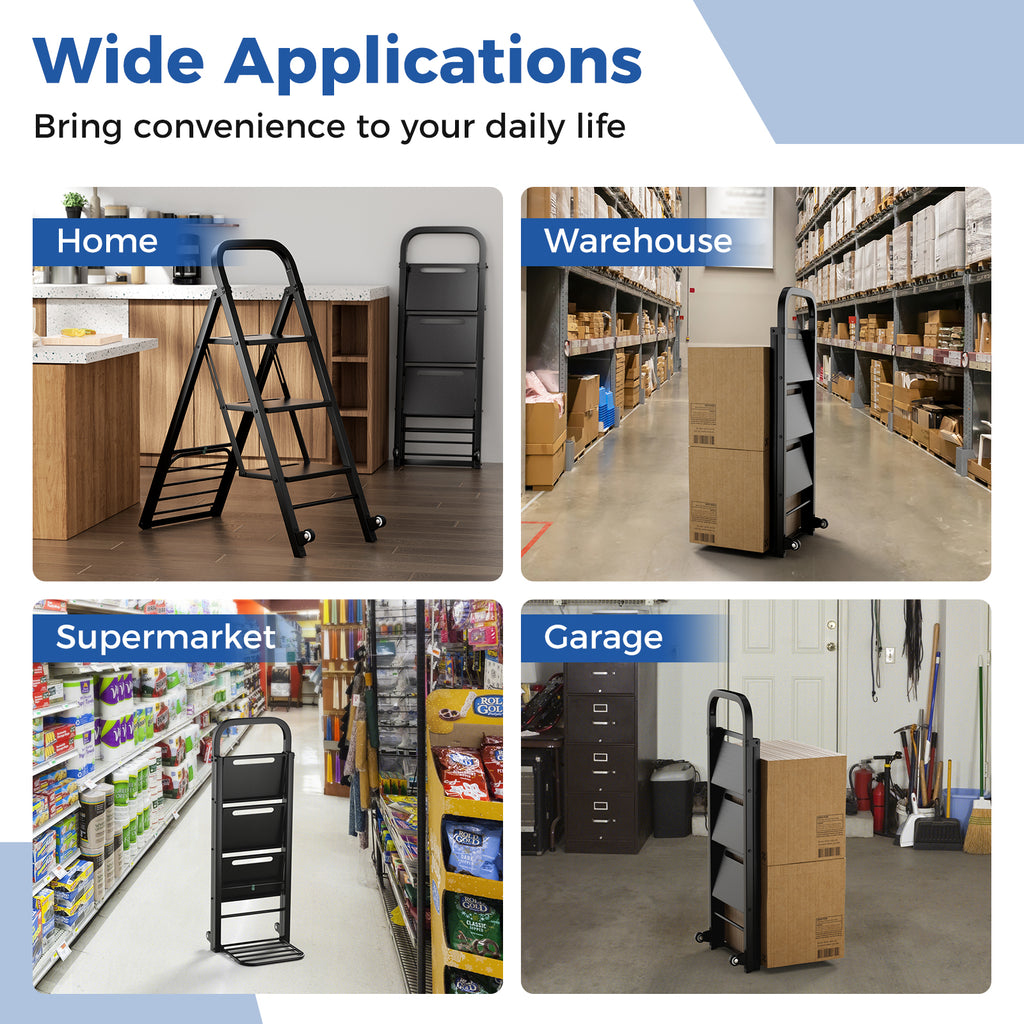 2 in 1 Hand Truck and Ladder Combo with Rubber Wheels Handle