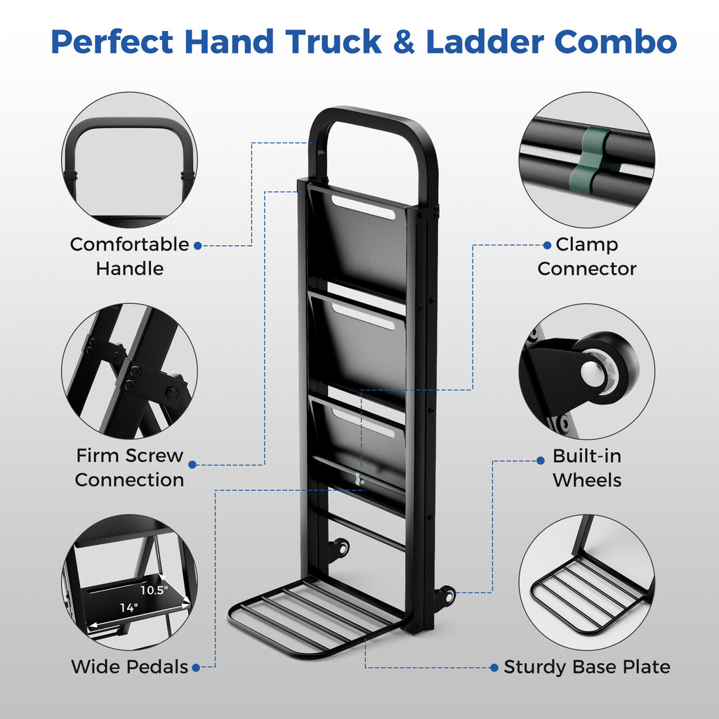 2 in 1 Hand Truck and Ladder Combo with Rubber Wheels Handle
