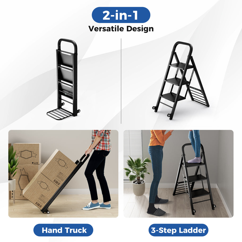 2 in 1 Hand Truck and Ladder Combo with Rubber Wheels Handle