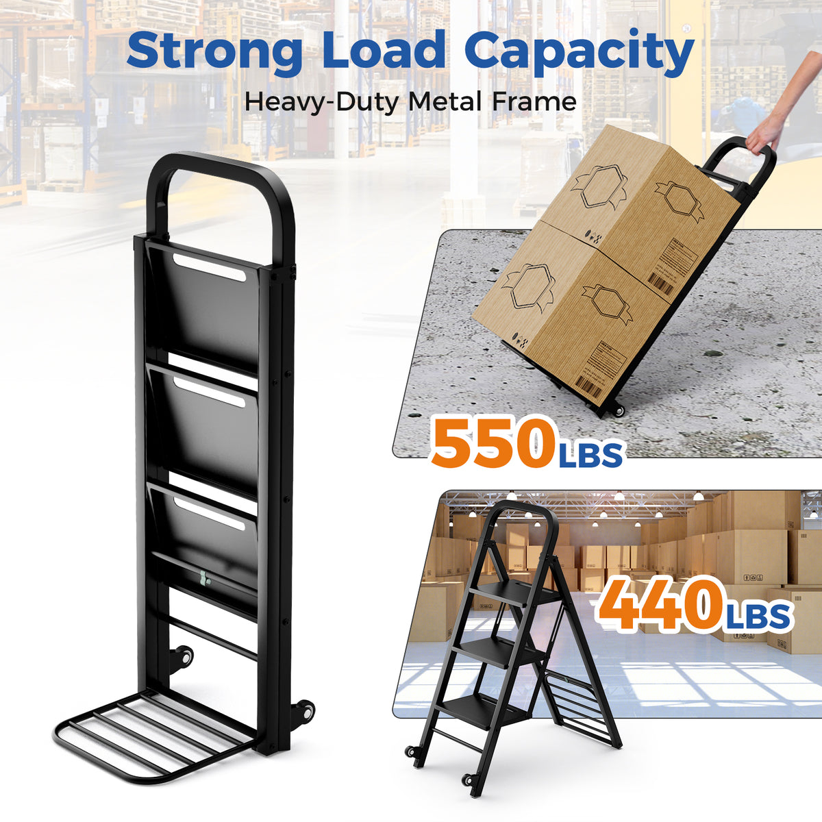2 in 1 Hand Truck and Ladder Combo with Rubber Wheels Handle