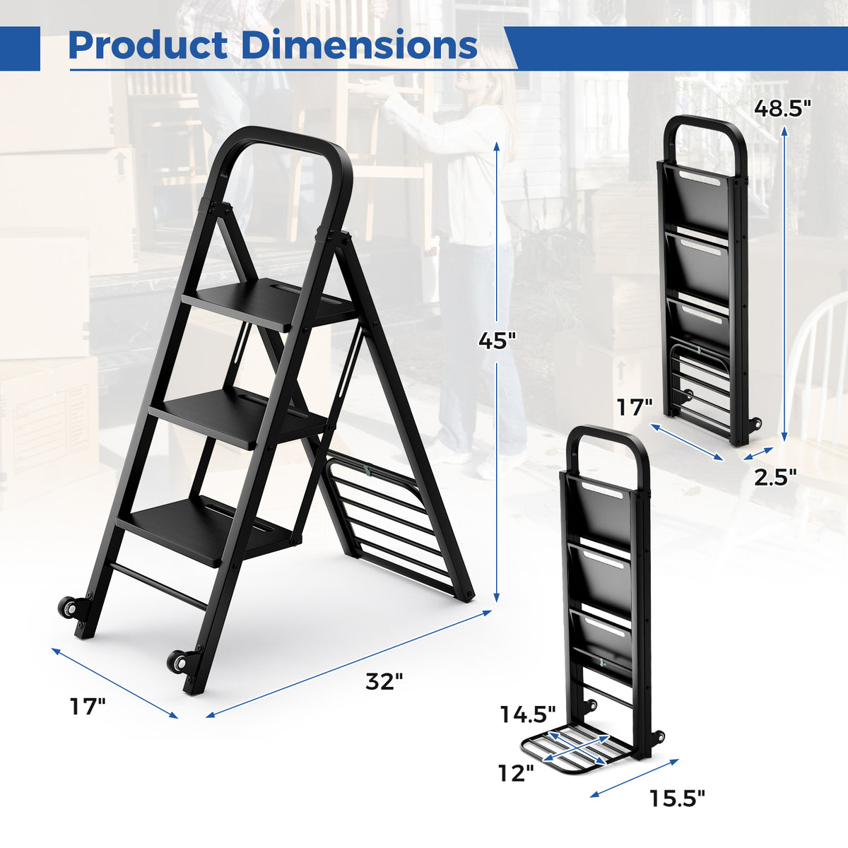 2 in 1 Hand Truck and Ladder Combo with Rubber Wheels Handle