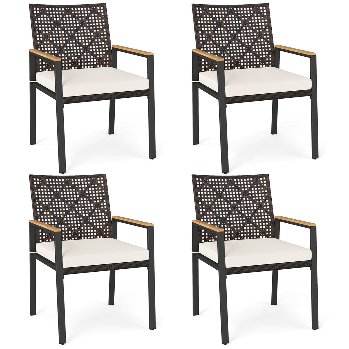 Hand-Woven PE Patio Dining Chairs Set of 4 with Acacia Wood Armrests