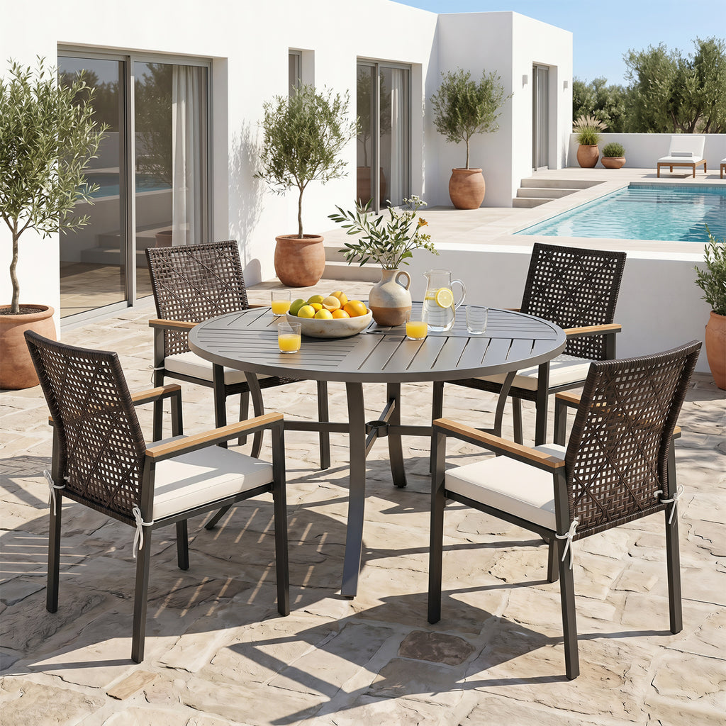 Hand-Woven PE Patio Dining Chairs Set of 4 with Acacia Wood Armrests