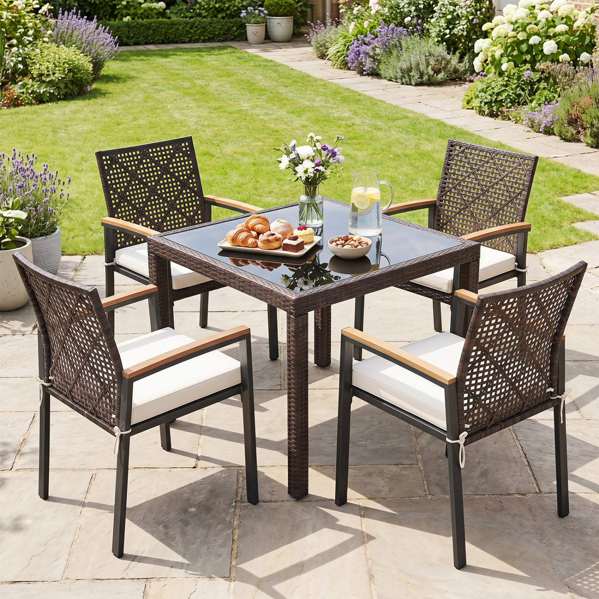 Hand-Woven PE Patio Dining Chairs Set of 4 with Acacia Wood Armrests