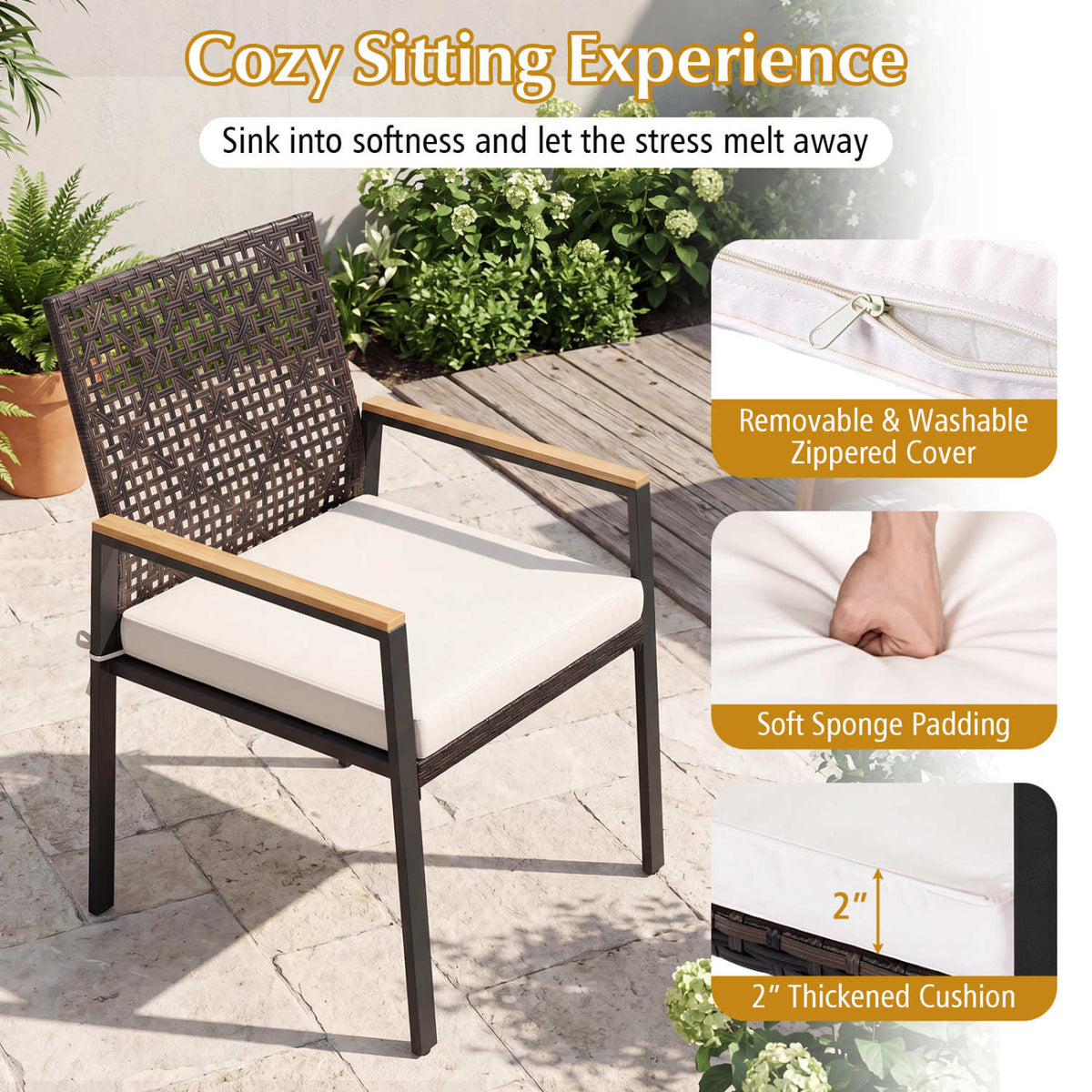 Hand-Woven PE Patio Dining Chairs Set of 4 with Acacia Wood Armrests