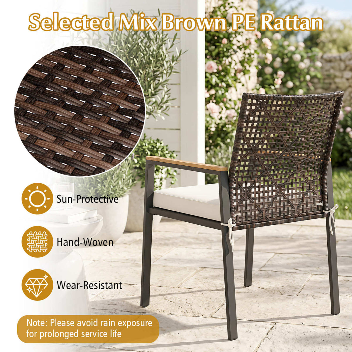 Hand-Woven PE Patio Dining Chairs Set of 4 with Acacia Wood Armrests