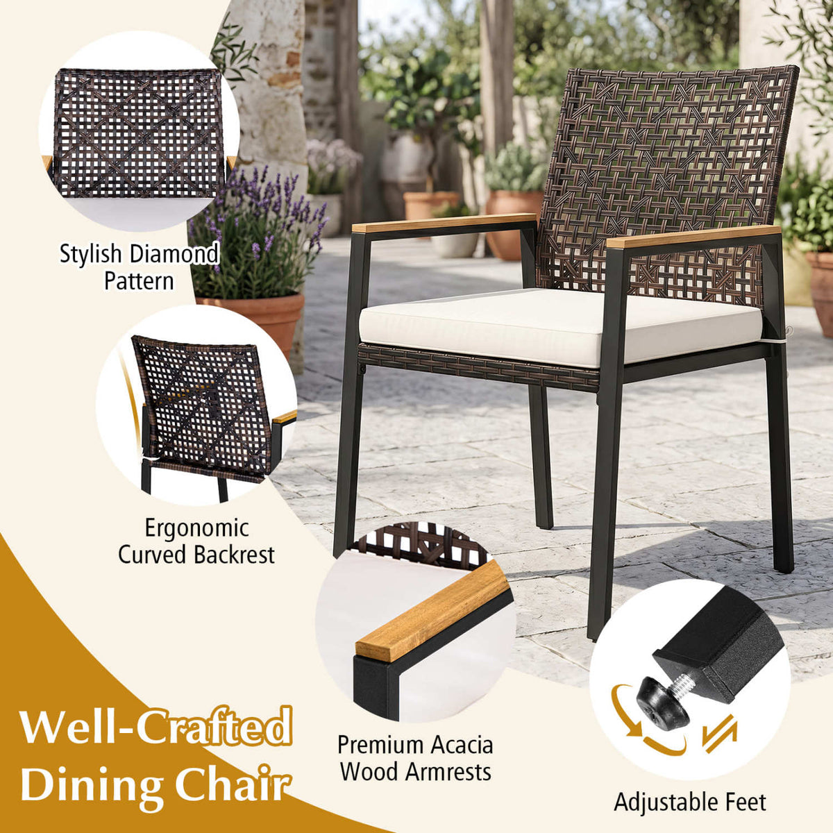 Hand-Woven PE Patio Dining Chairs Set of 4 with Acacia Wood Armrests
