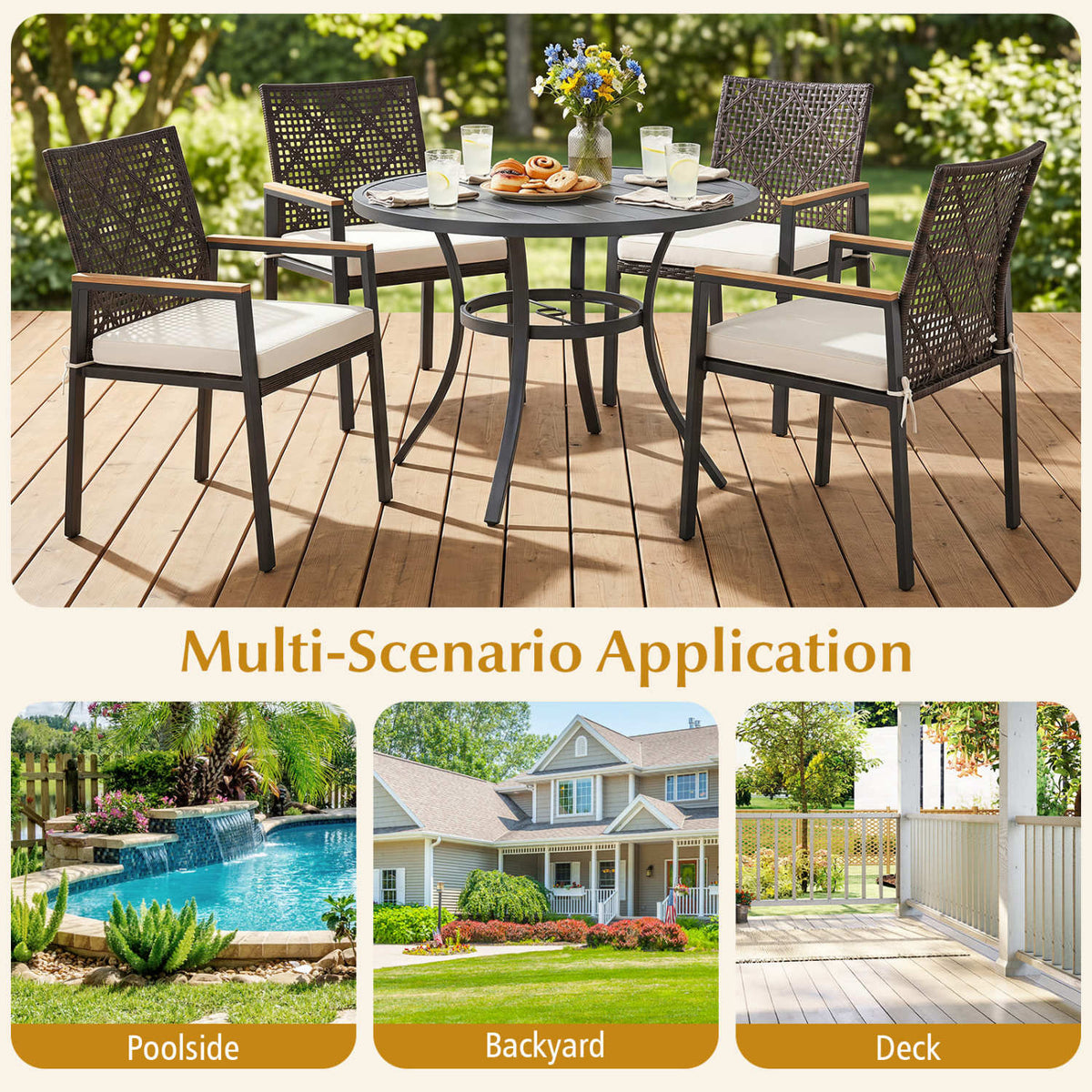 Hand-Woven PE Patio Dining Chairs Set of 4 with Acacia Wood Armrests