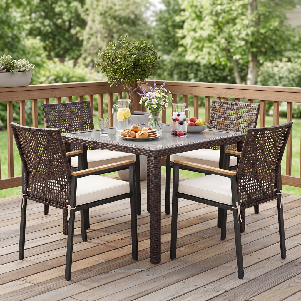 Hand-Woven PE Patio Dining Chairs Set of 4 with Acacia Wood Armrests