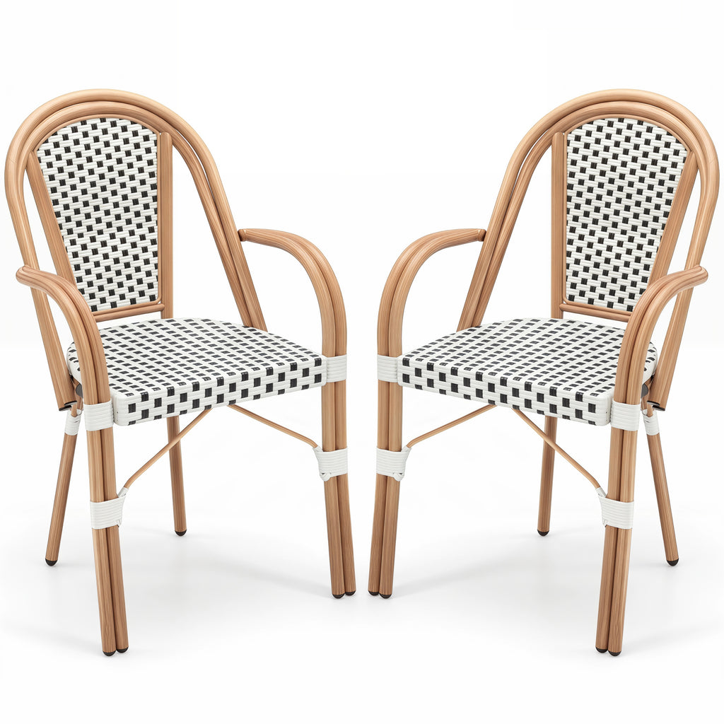 Hand-Woven PE Wicker Outdoor French Bistro Chairs Set of 2