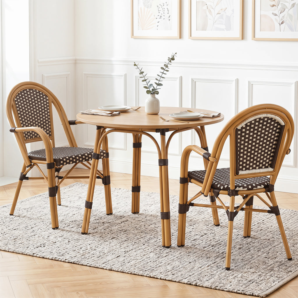 Hand-Woven PE Wicker Outdoor French Bistro Chairs Set of 2