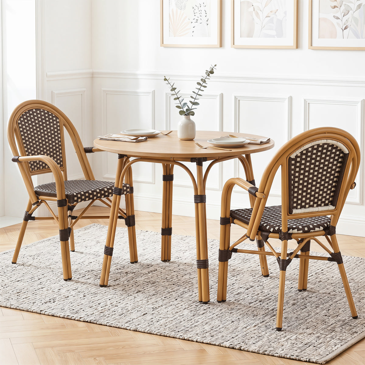 Hand-Woven PE Wicker Outdoor French Bistro Chairs Set of 2