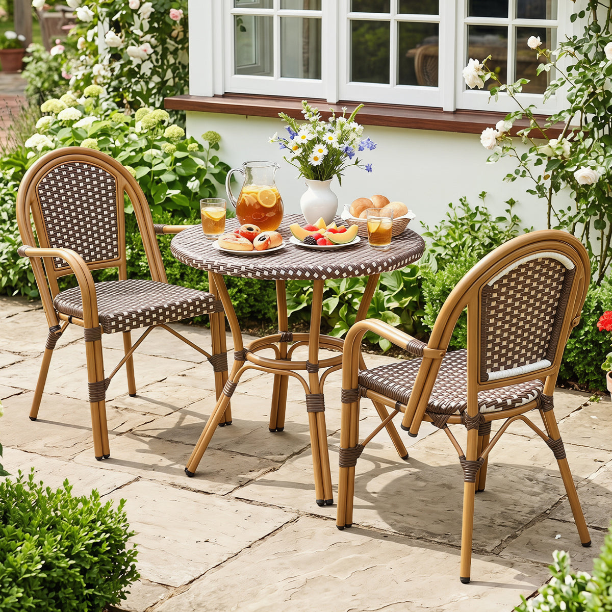 Hand-Woven PE Wicker Outdoor French Bistro Chairs Set of 2