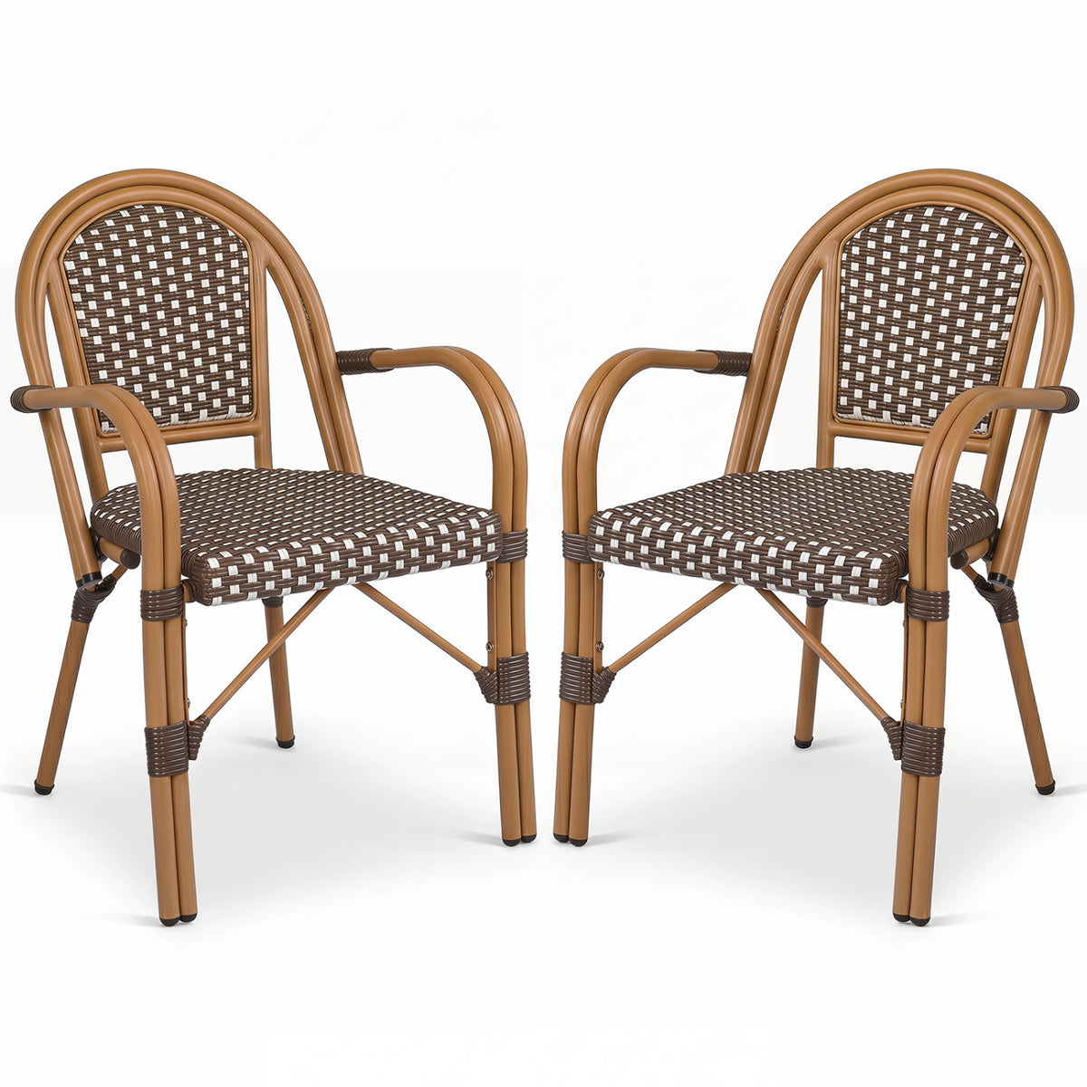 Hand-Woven PE Wicker Outdoor French Bistro Chairs Set of 2