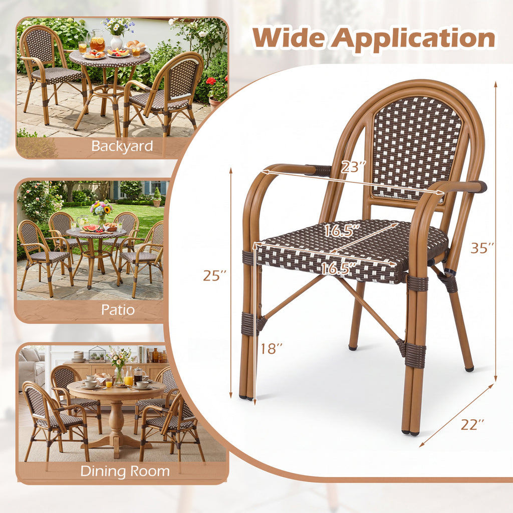 Hand-Woven PE Wicker Outdoor French Bistro Chairs Set of 2