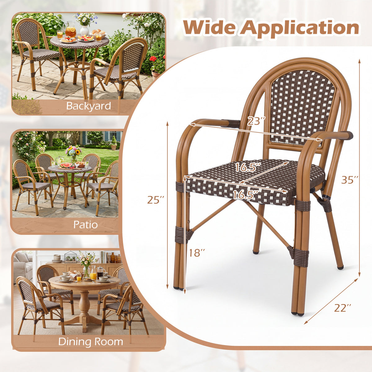 Hand-Woven PE Wicker Outdoor French Bistro Chairs Set of 2