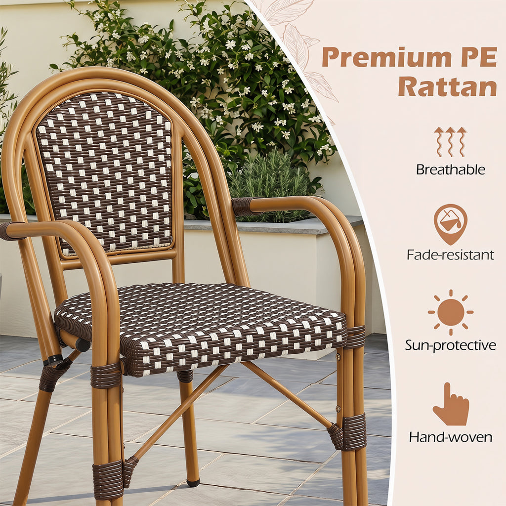 Hand-Woven PE Wicker Outdoor French Bistro Chairs Set of 2