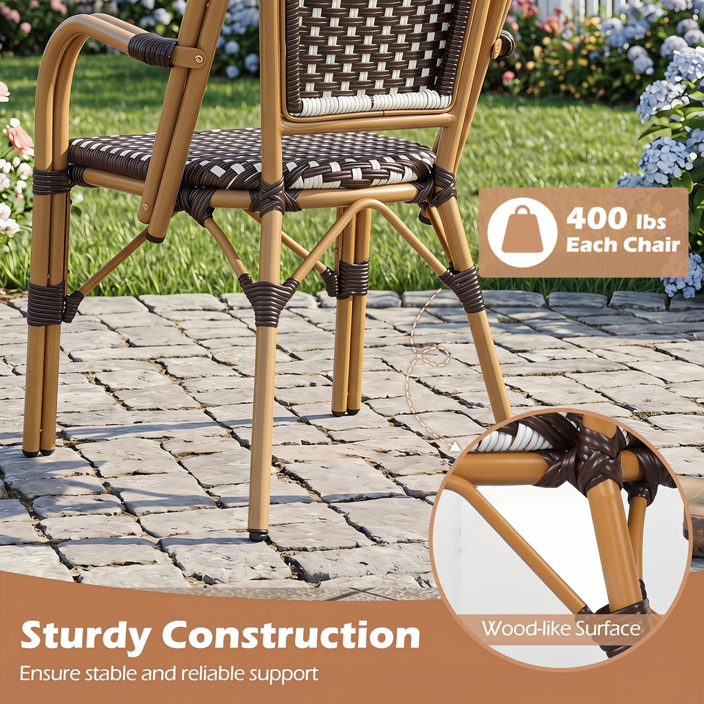 Hand-Woven PE Wicker Outdoor French Bistro Chairs Set of 2