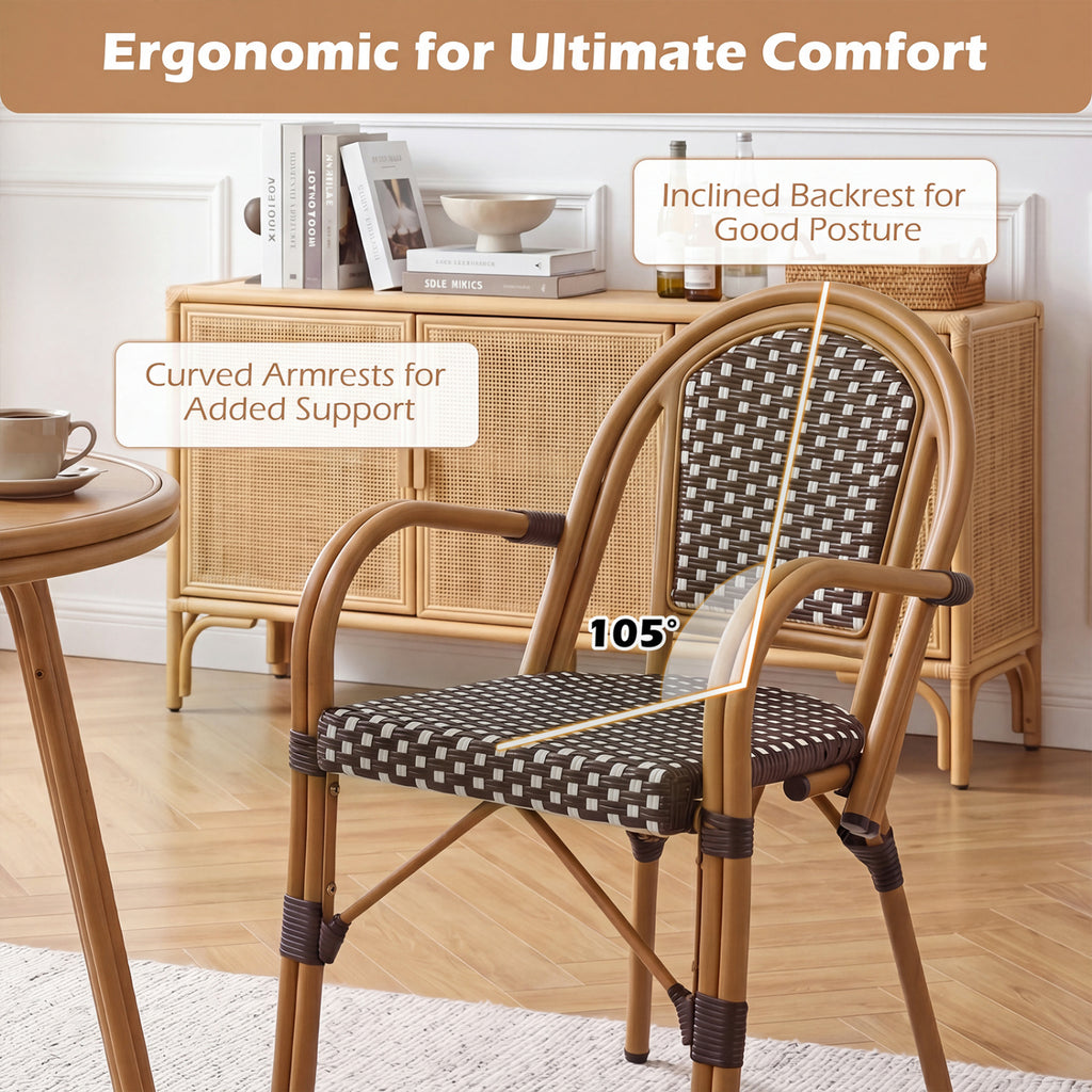 Hand-Woven PE Wicker Outdoor French Bistro Chairs Set of 2