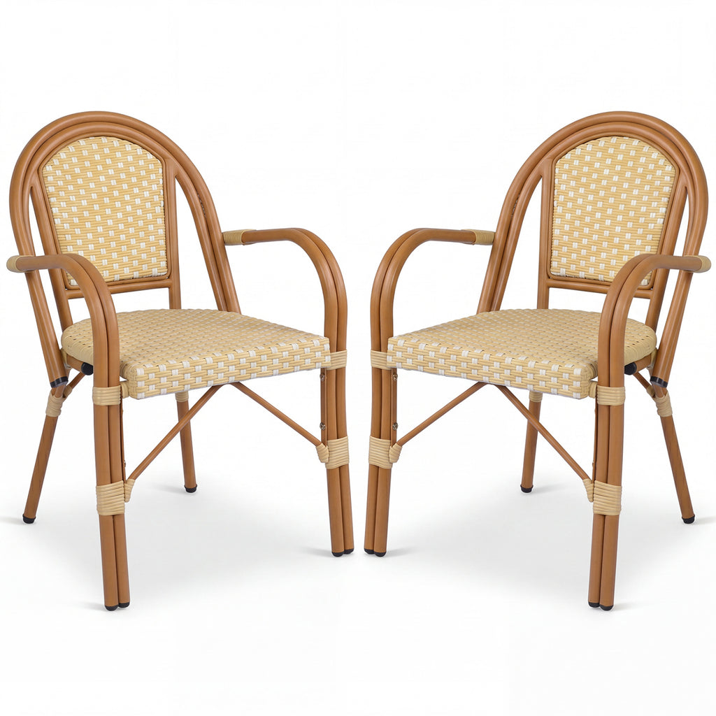 Hand-Woven PE Wicker Outdoor French Bistro Chairs Set of 2