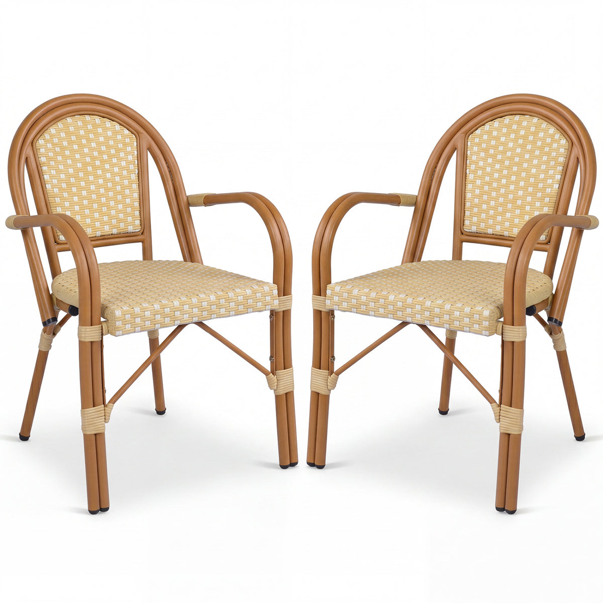 Hand-Woven PE Wicker Outdoor French Bistro Chairs Set of 2