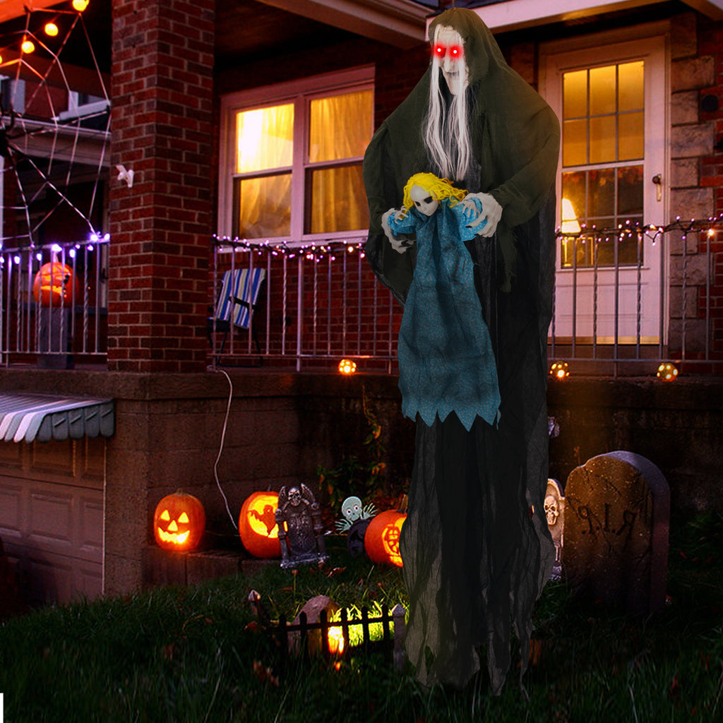 Sound-Activated Halloween Hanging Witch with Ghost Girl Decoration - Spooky Lights & Sounds