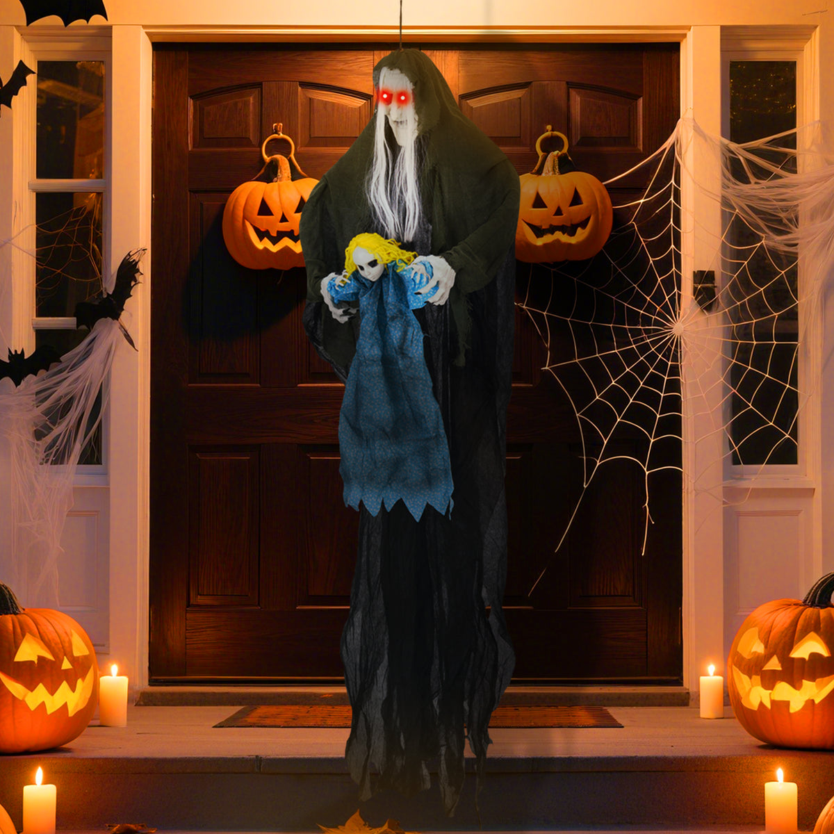 Sound-Activated Halloween Hanging Witch with Ghost Girl Decoration - Spooky Lights & Sounds