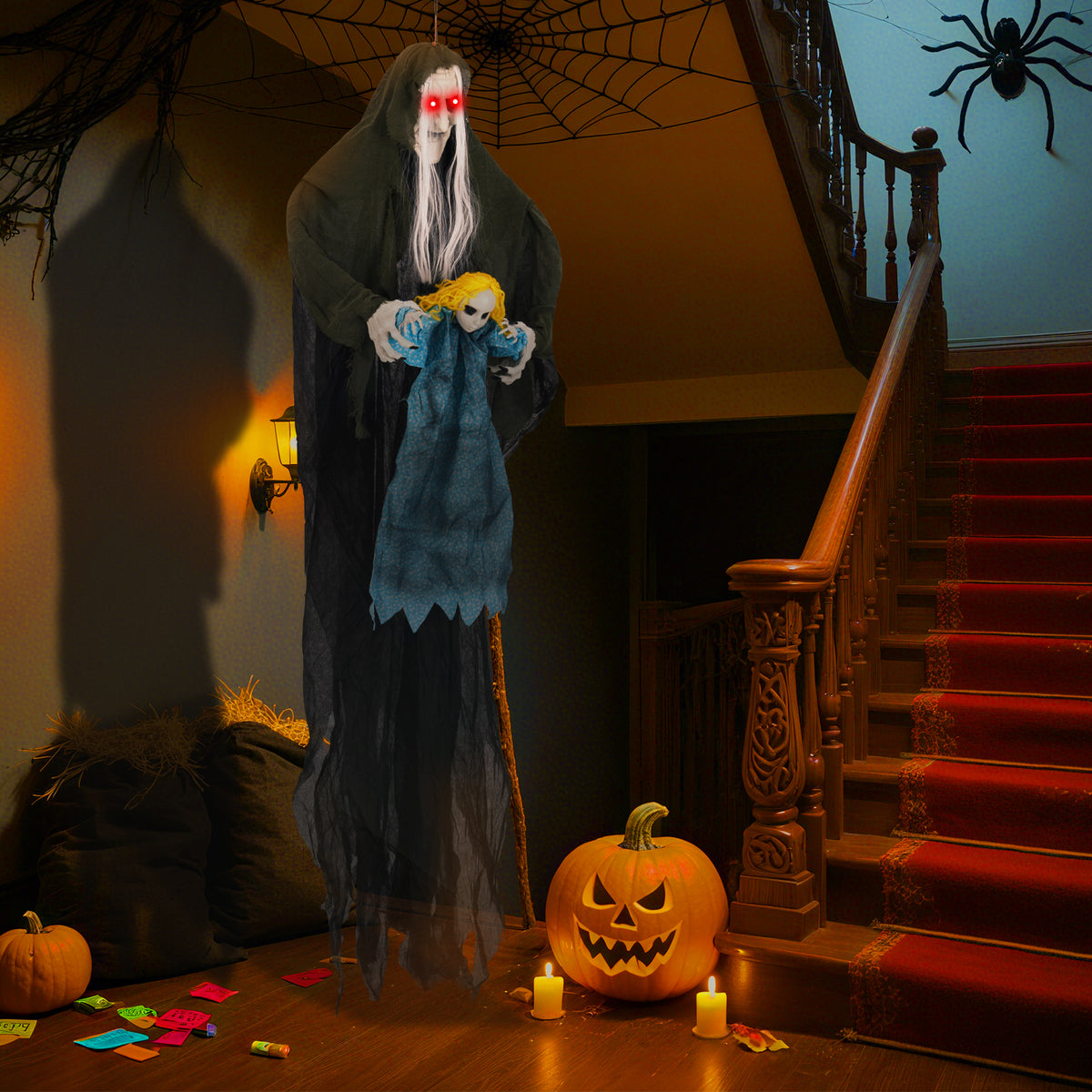 Sound-Activated Halloween Hanging Witch with Ghost Girl Decoration - Spooky Lights & Sounds