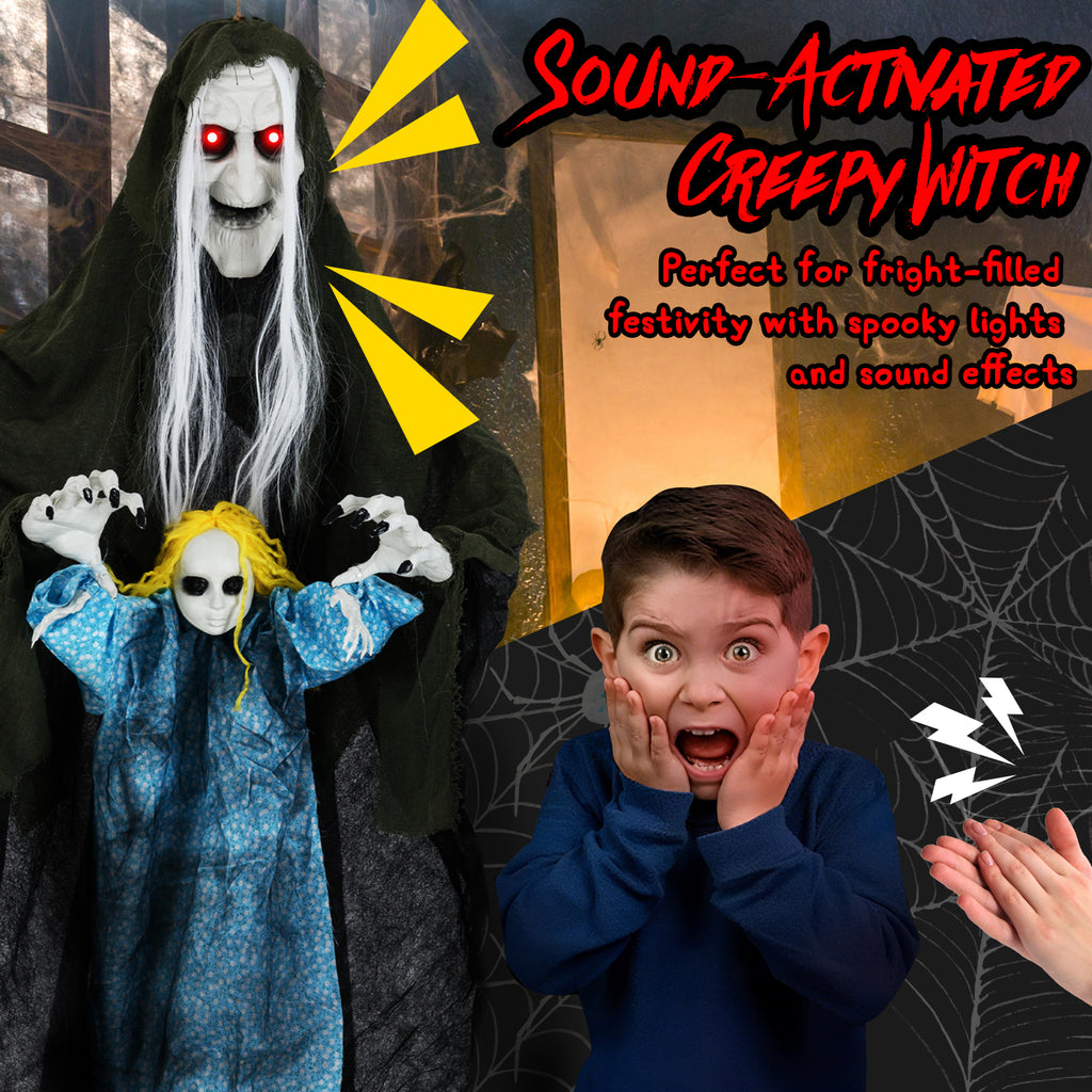 Sound-Activated Halloween Hanging Witch with Ghost Girl Decoration - Spooky Lights & Sounds