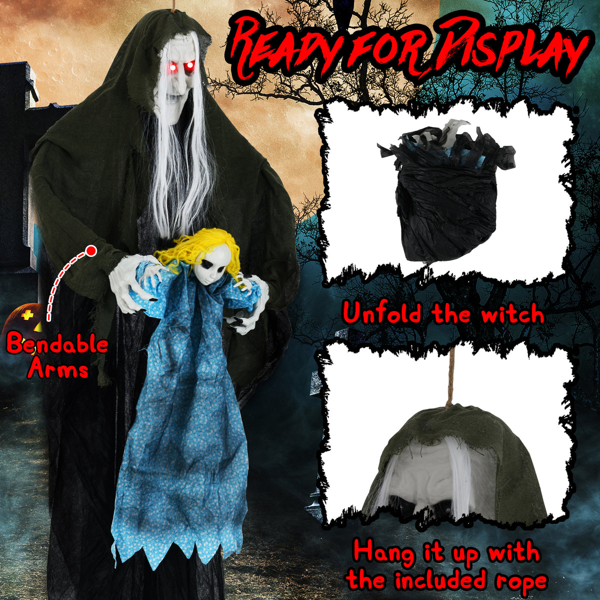 Sound-Activated Halloween Hanging Witch with Ghost Girl Decoration - Spooky Lights & Sounds