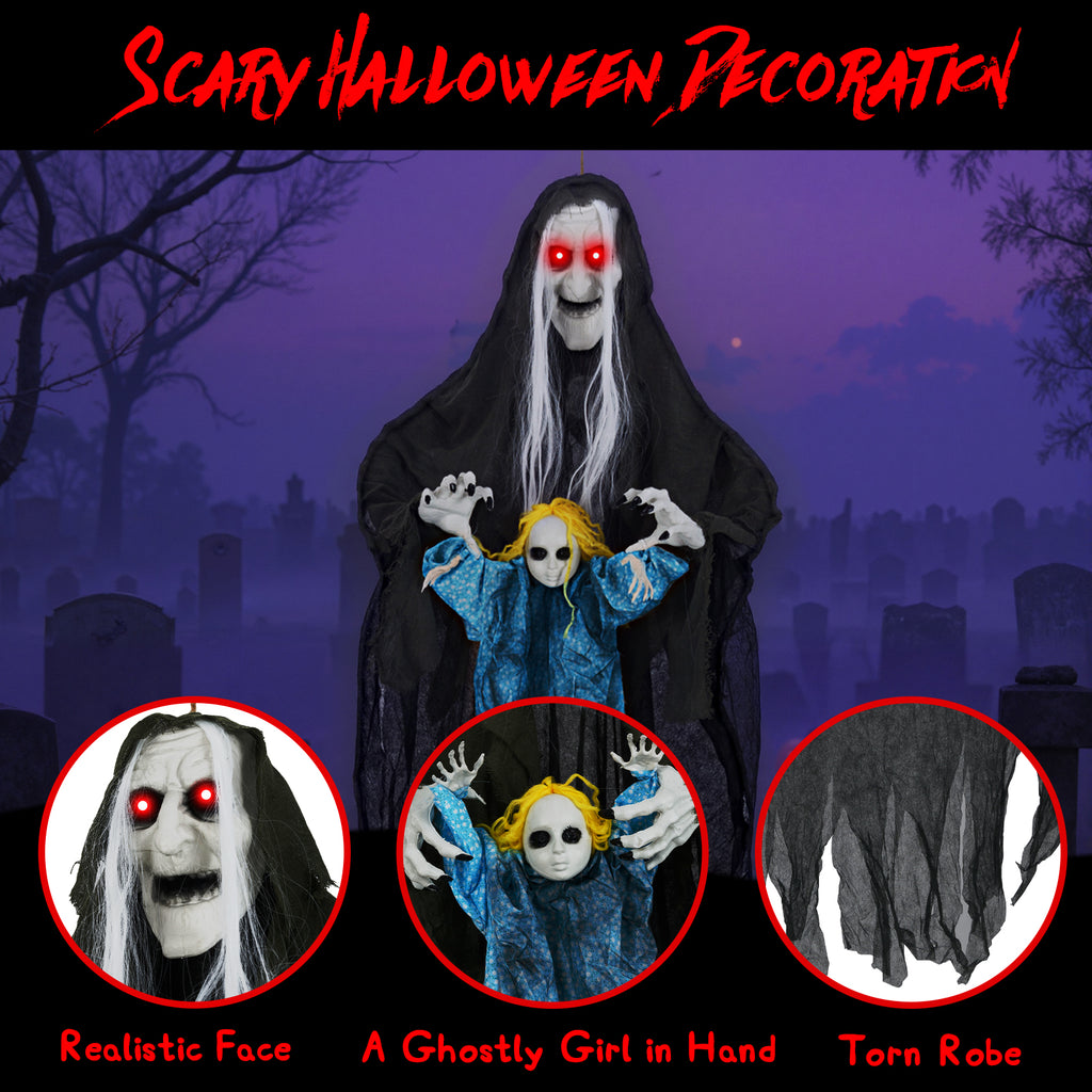 Sound-Activated Halloween Hanging Witch with Ghost Girl Decoration - Spooky Lights & Sounds