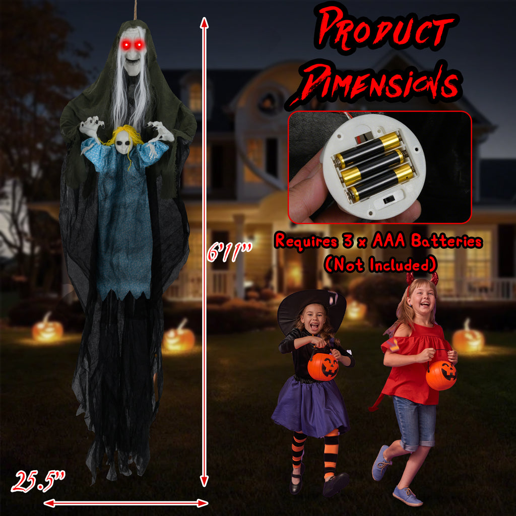 Sound-Activated Halloween Hanging Witch with Ghost Girl Decoration - Spooky Lights & Sounds