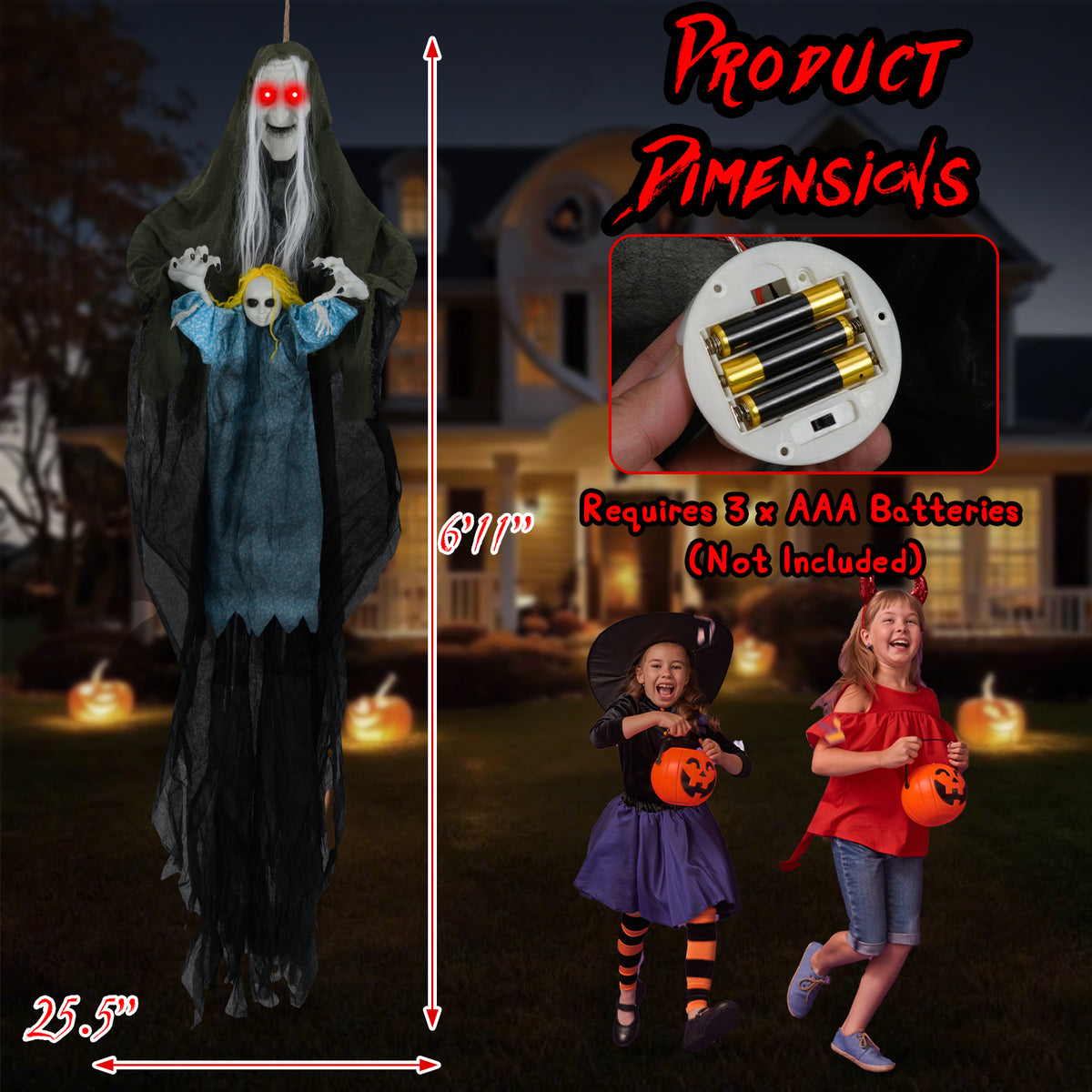 Sound-Activated Halloween Hanging Witch with Ghost Girl Decoration - Spooky Lights & Sounds