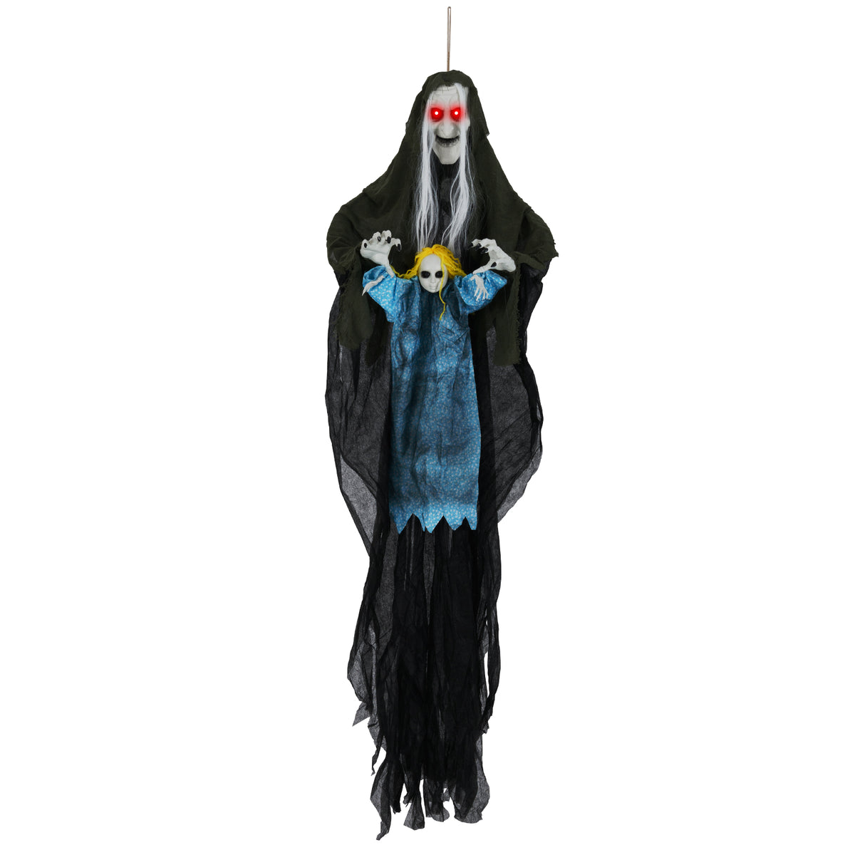 Sound-Activated Halloween Hanging Witch with Ghost Girl Decoration - Spooky Lights & Sounds