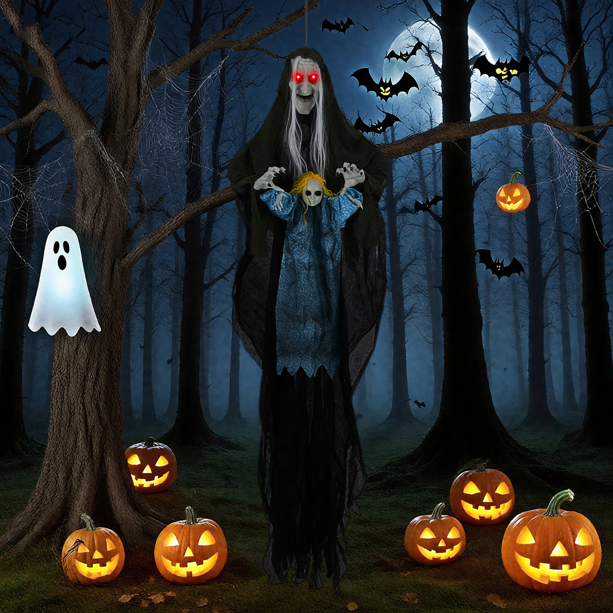Sound-Activated Halloween Hanging Witch with Ghost Girl Decoration - Spooky Lights & Sounds