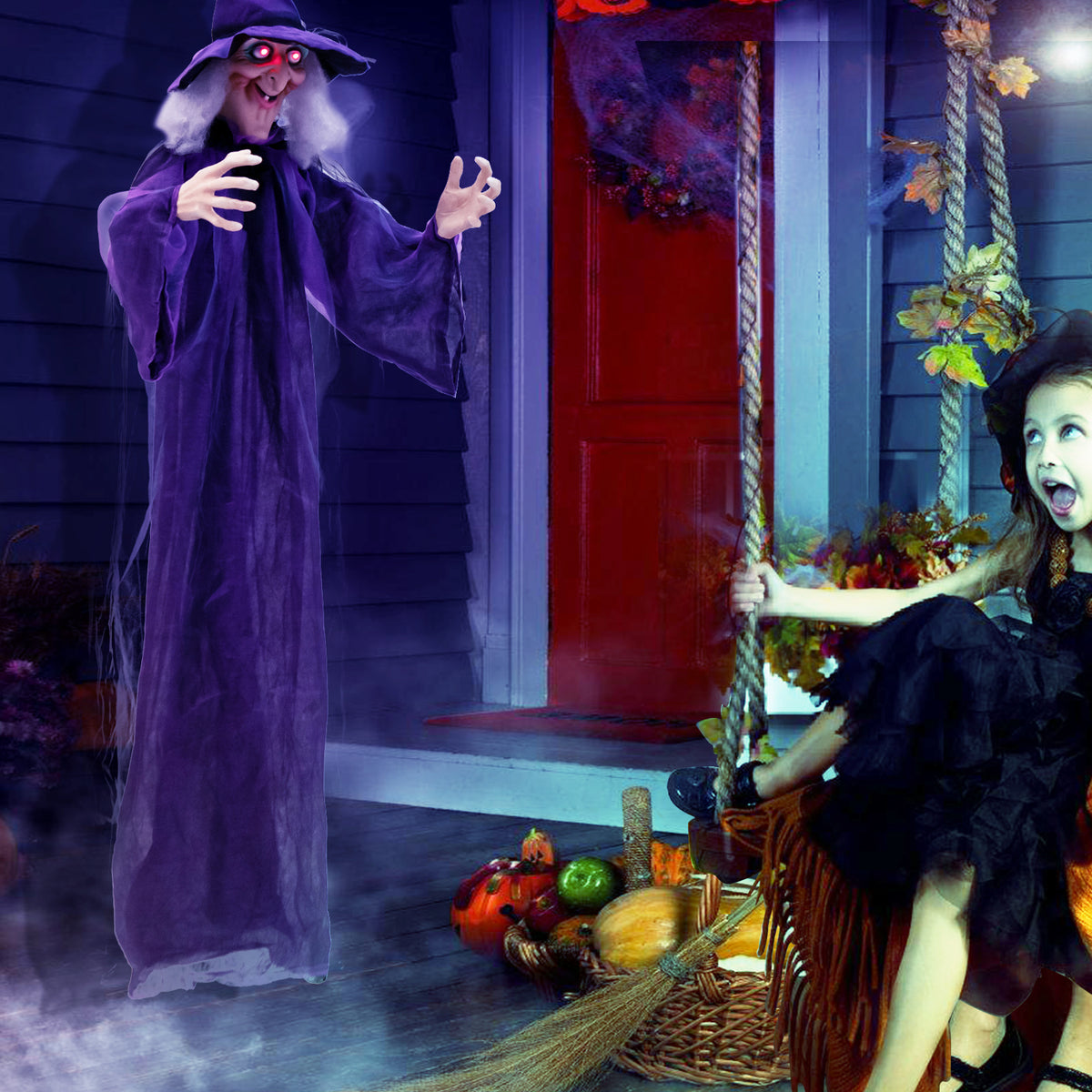 Hanging Halloween Witch Decoration with Pre-Recorded Phrases - Spooky Animated Yard Decor