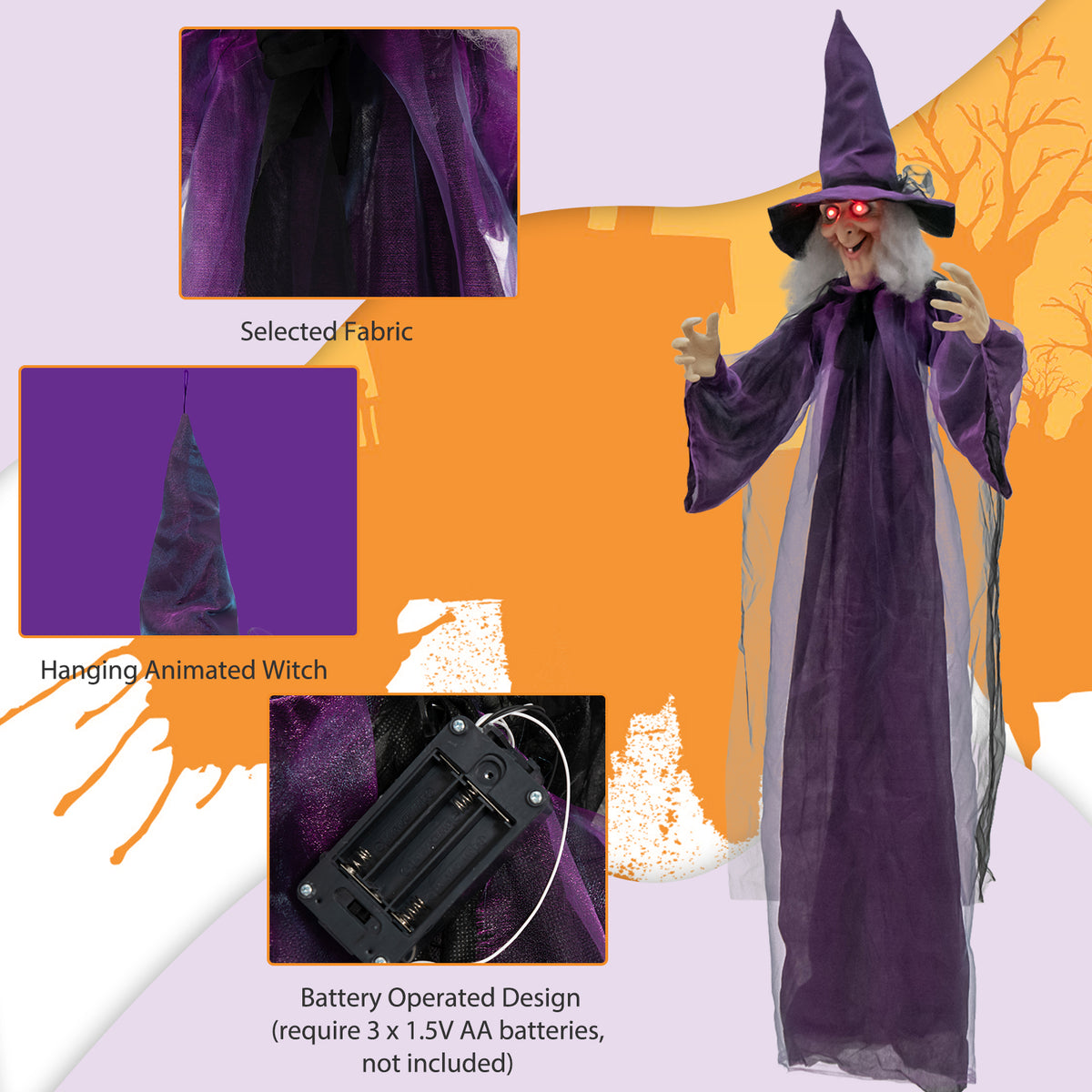 Hanging Halloween Witch Decoration with Pre-Recorded Phrases - Spooky Animated Yard Decor