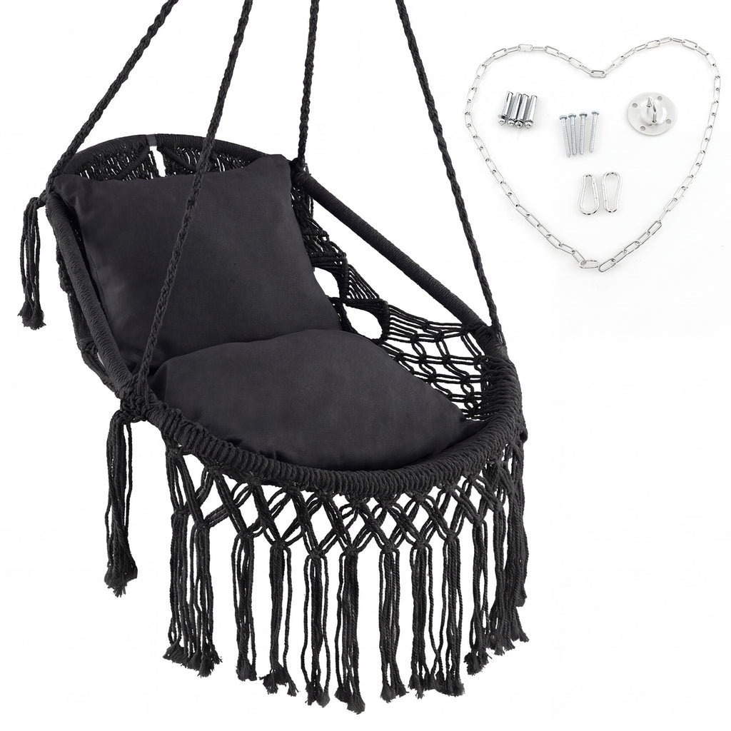Hanging Hammock Chair with 2 Cushions - Black