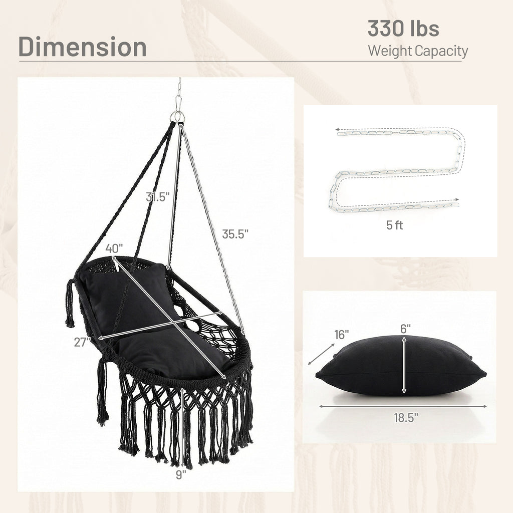 Hanging Hammock Chair with 2 Cushions - Black
