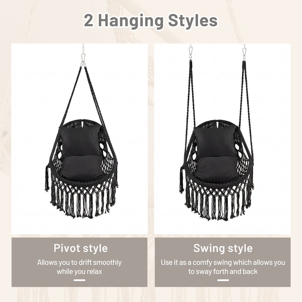 Hanging Hammock Chair with 2 Cushions - Black