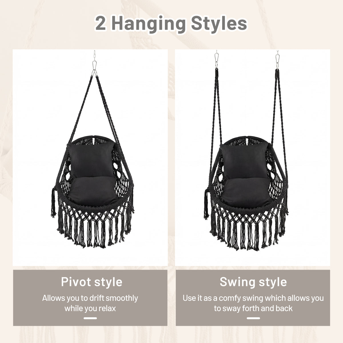 Hanging Hammock Chair with 2 Cushions - Black