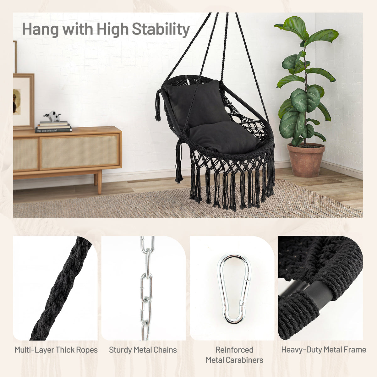 Hanging Hammock Chair with 2 Cushions - Black