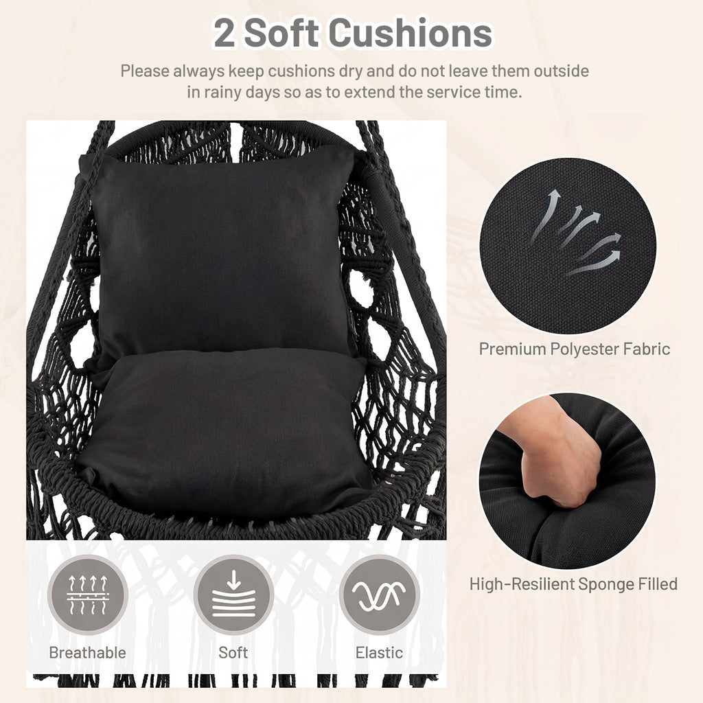 Hanging Hammock Chair with 2 Cushions - Black